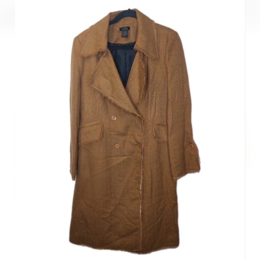 WDNY Long Trench Coat Woman 8 Brown Textured Knit Double Breasted Raw Hems Nwot